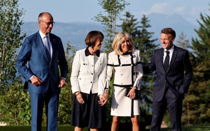 President Emmanuel Macron, his wife Brigitte Macron, German Chancellor Friedrich Merz, and his wife Charlotte Merz Arrival of thestate and government for a working dinner Responding together to major international challenges on the sidelines of the G7 summit in Évian-les-Bains on June 15, 2026, Évian, France,detected_source_language  Copyright: xDOMINIQUExJACOVIDESx xBESTIMAGExDOMINIQUExJACOVIDESx xBESTIMAGEx