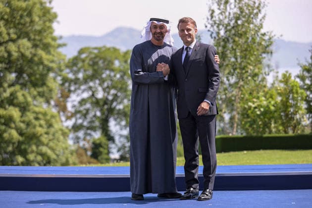 G7 Summit - Macron Welcomes MBZ France s President Emmanuel Macron (R) welcomes United Arab Emirates Crown prince Mohammed Bin Zayed Al Nahyan (MBZ) for the official greeting ahead of a work lunch as part of the G7 summit, in Evian, eastern France, on June 16, 2026. A G7 summit is set to take place June 15 to 17 in the French town of Evian-les-Bains near Switzerland and it will be attended by country leaders as well as the EU s foreign policy chief and ministers from Brazil, Canada, the United Arab Emirates and Turkey. Photo by Ammar Abd Rabbo ABACAPRESS.COM Evian France  Copyright: xAbdxRabboxAmmar ABACAx