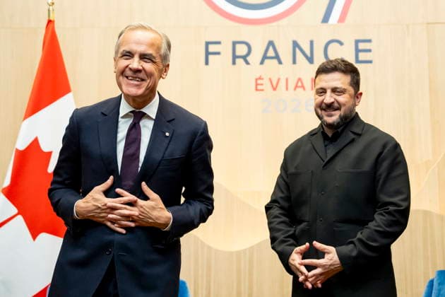 June 16, 2026, Evian-Les-Bains, France: CanadaöÄÃ s Prime Minister Mark Carney meets with Volodymyr Zelenskyy president of Ukraine, during the G7 summit in Evian-les-Bains, France, on Tuesday, June 16, 2026. Evian-Les-Bains France  - ZUMAc35_ 20260616_zaf_c35_002 Copyright: xChristopherxKatsarovx