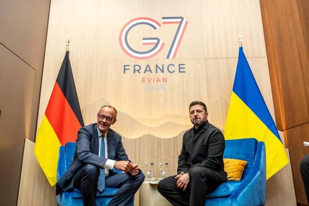 Évian-les-Bains, Frankreich, 16.06.2026: Hotel Royal: G7-Gipfel: Bundeskanzler Friedrich Merz (CDU) und Wolodymyr Selenskyj (Foto: Michael Kappeler, Pool) *** Évian-les-Bains, France, June 16, 2026 Hotel Royal G7 Summit German Chancellor Friedrich Merz (CDU) and Volodymyr Zelenskyy Photo by Michael Kappeler, Pool,detected_source_language Copyright: xMichaelxKappeler,xPool dtsxNachrichtenagenturx dts_123301