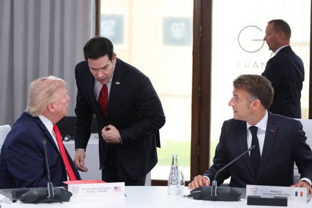 G7 Summit - Meeting With President Zelensky Marco Rubio, US President Donald Trump and French President Emmanuel Macron during a meeting with Ukrainian President Volodymyr Zelensky during the G7 summit in Evian, France on June 16, 2026. Photo by Dominique Jacovides Pool ABACAPRESS.COM Evian France  Copyright: xJacovidesxDominique Pool ABACAx