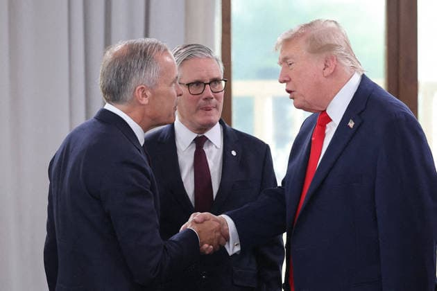 G7 Summit - Meeting With President Zelensky Canadian Prime Minister Mark Carney, UK Prime Minister Keir Starmer, and US President Donald Trump during a meeting with Ukrainian President Volodymyr Zelensky during the G7 summit in Evian, France on June 16, 2026. Photo by Dominique Jacovides Pool ABACAPRESS.COM Evian France  Copyright: xJacovidesxDominique Pool ABACAx