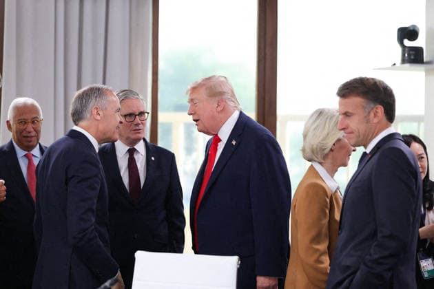 G7 Summit - Meeting With President Zelensky European Council President António Costa, Canadian Prime Minister Mark Carney, UK Prime Minister Keir Starmer, US President Donald Trump, and French President Emmanuel Macron during a meeting with Ukrainian President Volodymyr Zelensky during the G7 summit in Evian, France on June 16, 2026. Photo by Dominique Jacovides Pool ABACAPRESS.COM Evian France  Copyright: xJacovidesxDominique Pool ABACAx