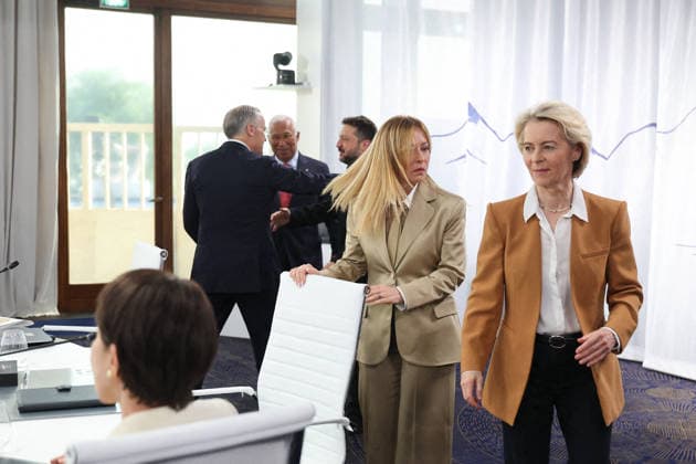 G7 Summit - Meeting With President Zelensky Ukrainian President Volodymyr Zelensky meets with Italian Prime Minister Giorgia Meloni and European Commission President Ursula von der Leyen during a meeting with the President of Ukraine at the G7 summit in Evian, France on June 16, 2026. Photo by Dominique Jacovides Bestimage ABACAPRESS.COM Evian France  Copyright: xJacovidesxDominique Pool ABACAx