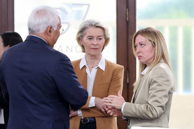 G7 Summit - Meeting With President Zelensky Antonio Costa, President of the European Council, Ursula von der Leyen, President of the European Commission, and Giorgia Meloni, Prime Minister of Italy, meet with the President of Ukraine during the G7 summit in Evian, France on June 16, 2026. Photo by Dominique Jacovides Bestimage ABACAPRESS.COM Evian France  Copyright: xJacovidesxDominique Pool ABACAx