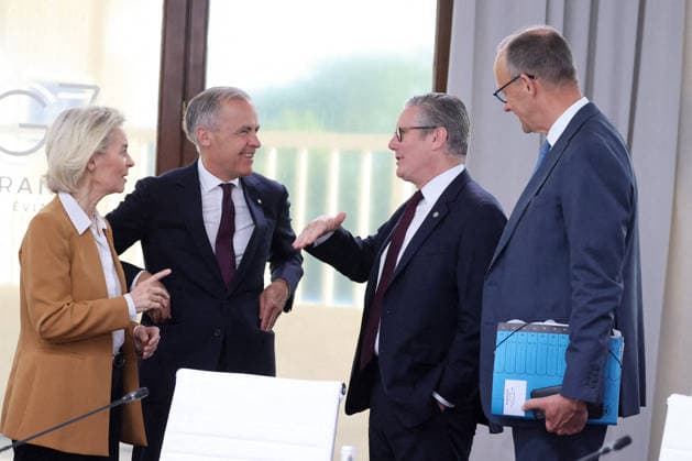 G7 Summit - Meeting With President Zelensky Ursula von der Leyen, President of the European Commission, meets with the President of Ukraine, Mark Carney, Prime Minister of Canada, Keir Starmer, Prime Minister of the United Kingdom, and Friedrich Merz, Chancellor of Germany, during the G7 summit in Evian, France on June 16, 2026. Photo by Dominique Jacovides Bestimage ABACAPRESS.COM Evian France  Copyright: xJacovidesxDominique Pool ABACAx