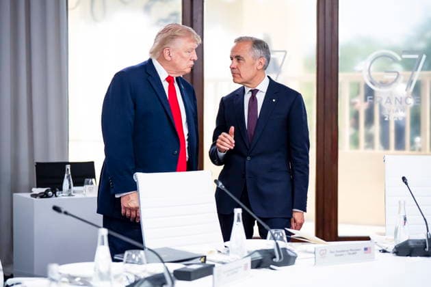 June 16, 2026, Evian-Les-Bains, France: CanadaöÄÃ s Prime Minister Mark Carney and U.S. President Donald Trump speak at the G7 working luncheon, during the G7 summit in Evian-les-Bains, France, on Tuesday, June 16, 2026. Evian-Les-Bains France  - ZUMAc35_ 20260616_zaf_c35_011 Copyright: xChristopherxKatsarovx