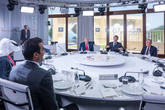 German Chancellor Friedrich Merz, European Council President Antonio Costa, U.S. President Donald Trump, French President Emmanuel Macron, Canadian Prime Minister Mark Carney, UAE President Sheikh Mohamed bin Zayed al Nahyan, Italian Prime Minister Giorgia Meloni, Japanese Prime Minister Sanae Takaichi,European Commission President Ursula von der Leyen, and Qatar’s Emir Sheikh Tamim bin Hamad al Thani during a working lunch as part of the G7 summit in Evian, eastern France, on June 16, 2026. A G7 summit is set to take place June 15–17 in the French town of Évian-les-Bains near Switzerland, and it will be attended by national leaders as well as the EU’s foreign policy chief and ministers from Brazil, Canada, the United Arab Emirates, and Tu  Copyright: xAmmarxAbdxRabbo Pool BestimagexAmmarxAbdxRabbo Pool Bestimagex