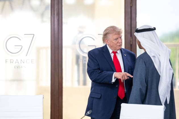 U.S. President Donald Trump greets UAE President Sheikh Mohamed bin Zayed al Nahyan (MBZ) during a working lunch as part of the G7 summit in Evian, eastern France, on June 16, 2026. A G7 summit is scheduled to take place June 15–17 in the French town of Évian-les-Bains near Switzerland, and it will be attended by national leaders as well as the EU’s foreign policy chief and ministers from Brazil, Canada, the United Arab Emirates, and Turkey. Ammar Abd Rabbo Pool Bestimage Évian-les-Bains, France,detected_source_language  Copyright: xAmmarxAbdxRabbo Pool BestimagexAmmarxAbdxRabbo Pool Bestimagex