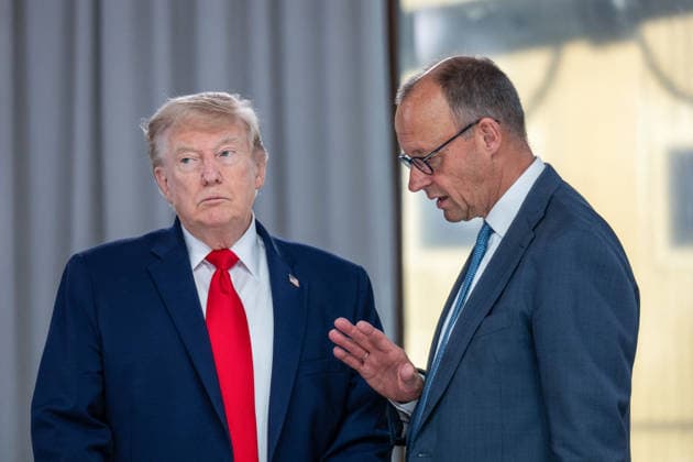 U.S. President Donald Trump and German Chancellor Friedrich Merz during a working lunch as part of the G7 summit in Evian, eastern France, on June 16, 2026. A G7 summit is set to take place June 15–17 in the French town of Évian-les-Bains near Switzerland, and it will be attended by national leaders as well as the EU’s foreign policy chief and ministers from Brazil, Canada, the United Arab Emirates, and Turkey. Ammar Abd Rabbo Pool Bestimage Évian-les-Bains, France,detected_source_language  Copyright: xAmmarxAbdxRabbo Pool BestimagexAmmarxAbdxRabbo Pool Bestimagex