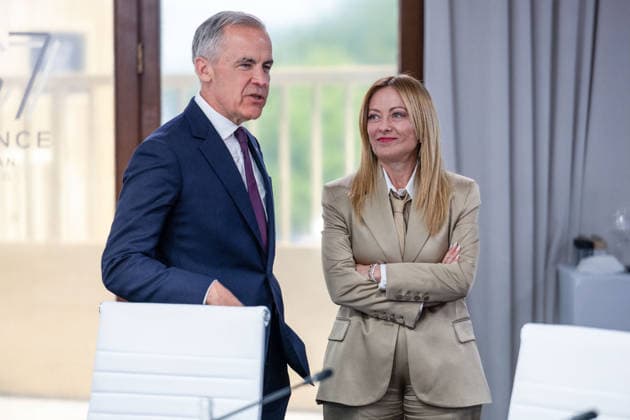 Canada’s Prime Minister Mark Carney and Italy’s Prime Minister Giorgia Meloni during a working lunch as part of the G7 summit in Evian, eastern France, on June 16, 2026 A G7 summit is set to take place June 15–17 in the French town of Évian-les-Bains near Switzerland, and it will be attended by national leaders as well as the EU’s foreign policy chief and ministers from Brazil, Canada, the United Arab Emirates, and Turkey. Ammar Abd Rabbo Pool Bestimage Évian-les-Bains, France,detected_source_language  Copyright: xAmmarxAbdxRabbo Pool BestimagexAmmarxAbdxRabbo Pool Bestimagex
