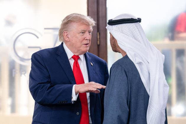 G7 Summit - Work Lunch US President Donald Trump greets UAE s President Sheikh Mohamed bin Zayed al-Nahyan MBZ during a work lunch as part of the G7 summit, in Evian, eastern France, on June 16, 2026. A G7 summit is set to take place June 15 to 17 in the French town of Evian-les-Bains near Switzerland and it will be attended by country leaders as well as the EU s foreign policy chief and ministers from Brazil, Canada, the United Arab Emirates and Turkey. Photo by Ammar Abd Rabbo ABACAPRESS.COM Evian France  Copyright: xAbdxRabboxAmmar ABACAx