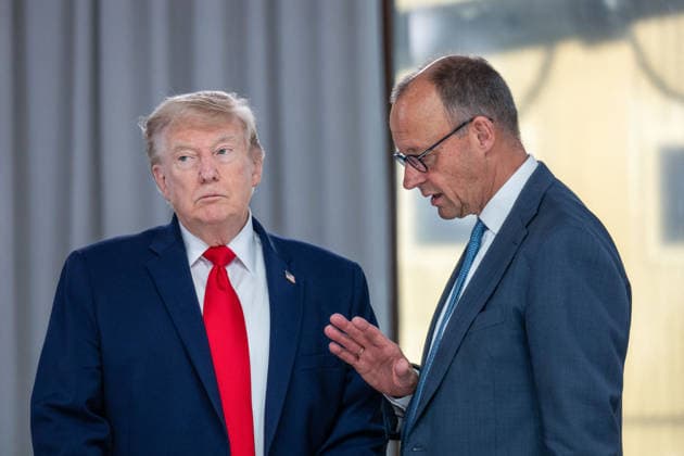 G7 Summit - Work Lunch US President Donald Trump (L) and Germany’s Chancellor Friedrich Merz during a work lunch as part of the G7 summit, in Evian, eastern France, on June 16, 2026. A G7 summit is set to take place June 15 to 17 in the French town of Evian-les-Bains near Switzerland and it will be attended by country leaders as well as the EU s foreign policy chief and ministers from Brazil, Canada, the United Arab Emirates and Turkey. Photo by Ammar Abd Rabbo ABACAPRESS.COM Evian France  Copyright: xAbdxRabboxAmmar ABACAx