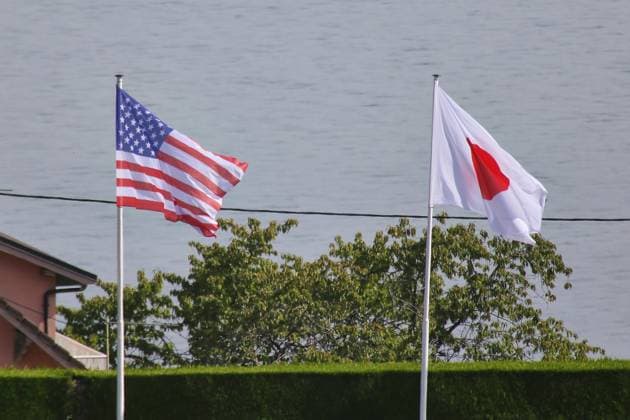 Évian-les-Bains, Frankreich, 16.06.2026: G7-Gipfel: Fahnen der USA und von Japan *** Évian-les-Bains, France, June 16, 2026 G7 Summit Flags of the United States and Japan,detected_source_language Copyright: xdtsxNachrichtenagenturx dts_123391