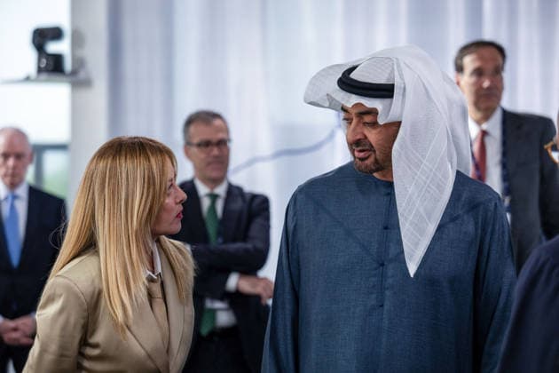 G7 Summit - Work Lunch United Arab Emirates (UAE) President Sheikh Mohamed bin Zayed Al-Nahyan, Italy s Prime Minister Giorgia Meloni during a work lunch as part of the G7 summit, in Evian, eastern France, on June 16, 2026. A G7 summit is set to take place June 15 to 17 in the French town of Evian-les-Bains near Switzerland and it will be attended by country leaders as well as the EU s foreign policy chief and ministers from Brazil, Canada, the United Arab Emirates and Turkey. Photo by Ammar Abd Rabbo ABACAPRESS.COM Evian France  Copyright: xAbdxRabboxAmmar ABACAx