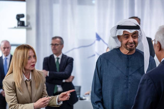 G7 Summit - Work Lunch United Arab Emirates (UAE) President Sheikh Mohamed bin Zayed Al-Nahyan, Italy s Prime Minister Giorgia Meloni during a work lunch as part of the G7 summit, in Evian, eastern France, on June 16, 2026. A G7 summit is set to take place June 15 to 17 in the French town of Evian-les-Bains near Switzerland and it will be attended by country leaders as well as the EU s foreign policy chief and ministers from Brazil, Canada, the United Arab Emirates and Turkey. Photo by Ammar Abd Rabbo ABACAPRESS.COM Evian France  Copyright: xAbdxRabboxAmmar ABACAx