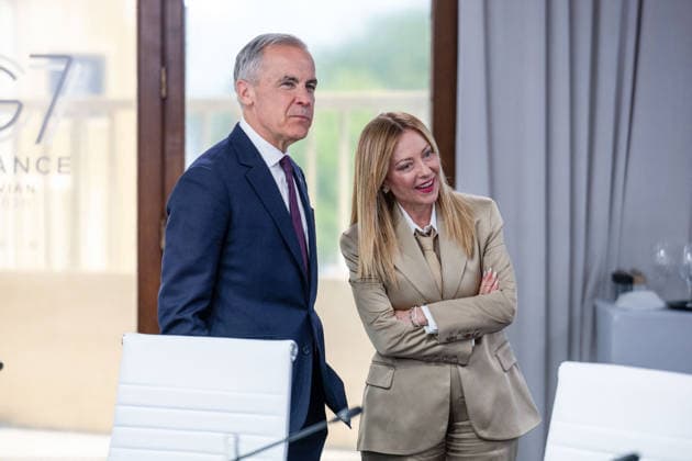 G7 Summit - Work Lunch Canada’s Prime Minister Mark Carney, Italy s Prime Minister Giorgia Meloni during a work lunch as part of the G7 summit, in Evian, eastern France, on June 16, 2026. A G7 summit is set to take place June 15 to 17 in the French town of Evian-les-Bains near Switzerland and it will be attended by country leaders as well as the EU s foreign policy chief and ministers from Brazil, Canada, the United Arab Emirates and Turkey. Photo by Ammar Abd Rabbo ABACAPRESS.COM Evian France  Copyright: xAbdxRabboxAmmar ABACAx
