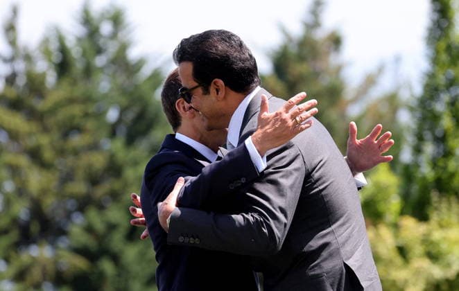 G7 Summit - Macron Welcomes Emir of Qatar French President Emmanuel Macron hosts Qatari Emir Cheikh Tamim ben Hamad al-Thani for an official meeting before a working lunch during the G7 summit in Evian-les-Bains, France on June 16, 2026, as the summit takes place from June 15 to 17. Photo by Dominique Jacovides Pool ABACAPRESS.COM Evian France  Copyright: xJacovidesxDominique Pool ABACAx