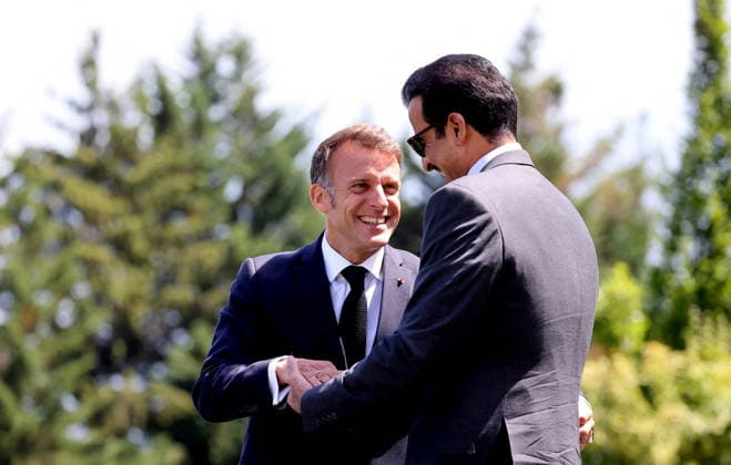 G7 Summit - Macron Welcomes Emir of Qatar French President Emmanuel Macron hosts Qatari Emir Cheikh Tamim ben Hamad al-Thani for an official meeting before a working lunch during the G7 summit in Evian-les-Bains, France on June 16, 2026, as the summit takes place from June 15 to 17. Photo by Dominique Jacovides Pool ABACAPRESS.COM Evian France  Copyright: xJacovidesxDominique Pool ABACAx