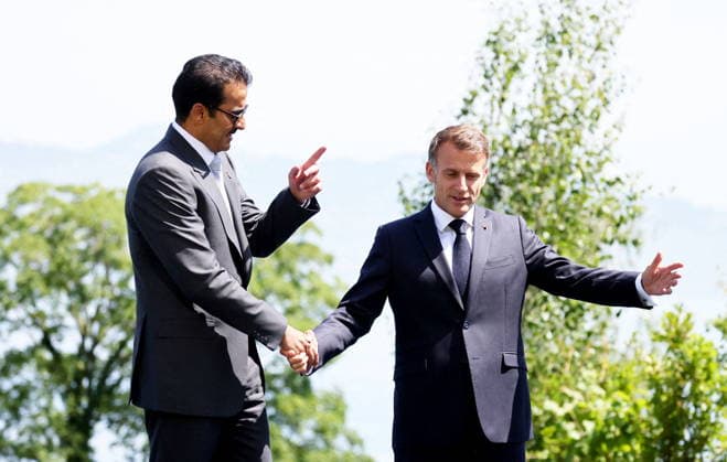 G7 Summit - Macron Welcomes Emir of Qatar French President Emmanuel Macron hosts Qatari Emir Cheikh Tamim ben Hamad al-Thani for an official meeting before a working lunch during the G7 summit in Evian-les-Bains, France on June 16, 2026, as the summit takes place from June 15 to 17. Photo by Dominique Jacovides Pool ABACAPRESS.COM Evian France  Copyright: xJacovidesxDominique Pool ABACAx