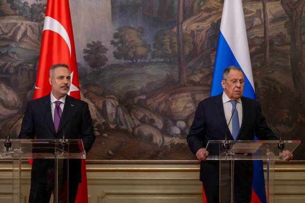 Hakan Fidan - Sergey Lavrov meeting in Moscow MOSCOW, RUSSIA - JUNE 16: Turkish Foreign Minister Hakan Fidan (L) speaks during a joint press conference with Russian Foreign Minister Sergey Lavrov (R) following their meeting in Moscow, Russia, on June 16, 2026. Mustafa Hatipoglu Anadolu Moscow Russia. Editorial use only. Please get in touch for any other usage.  Copyright: x2026xAnadoluxMustafaxHatipoglux