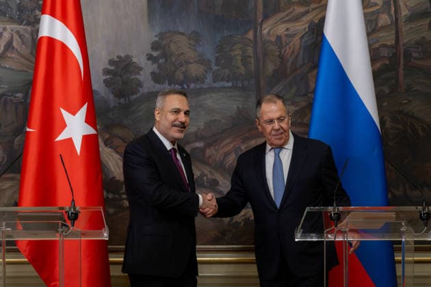 Hakan Fidan - Sergey Lavrov meeting in Moscow MOSCOW, RUSSIA - JUNE 16: Turkish Foreign Minister Hakan Fidan (L) speaks during a joint press conference with Russian Foreign Minister Sergey Lavrov (R) following their meeting in Moscow, Russia, on June 16, 2026. Mustafa Hatipoglu Anadolu Moscow Russia. Editorial use only. Please get in touch for any other usage.  Copyright: x2026xAnadoluxMustafaxHatipoglux