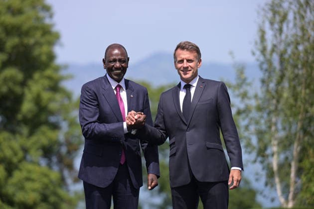 G7 Summit - Macron Welcomes William Ruto France s President Emmanuel Macron welcomes William Ruto President of the Republic of Kenya for the official greeting ahead of a work lunch as part of the G7 summit, in Evian, eastern France, on June 16, 2026. A G7 summit is set to take place June 15 to 17 in the French town of Evian-les-Bains near Switzerland and it will be attended by country leaders as well as the EU s foreign policy chief and ministers from Brazil, Canada, the United Arab Emirates and Turkey. Photo by Ammar Abd Rabbo ABACAPRESS.COM Evian-les-Bains France  Copyright: xAbdxRabboxAmmar ABACAx