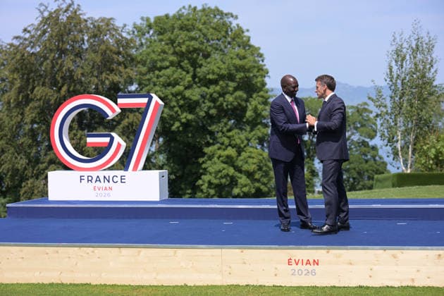 G7 Summit - Macron Welcomes William Ruto France s President Emmanuel Macron welcomes William Ruto President of the Republic of Kenya for the official greeting ahead of a work lunch as part of the G7 summit, in Evian, eastern France, on June 16, 2026. A G7 summit is set to take place June 15 to 17 in the French town of Evian-les-Bains near Switzerland and it will be attended by country leaders as well as the EU s foreign policy chief and ministers from Brazil, Canada, the United Arab Emirates and Turkey. Photo by Ammar Abd Rabbo ABACAPRESS.COM Evian-les-Bains France  Copyright: xAbdxRabboxAmmar ABACAx