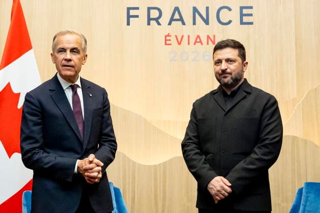 June 16, 2026, Evian-Les-Bains, France: Prime Minister Mark Carney meets with Volodymyr Zelenskyy, president of Ukraine, during the G7 summit in Evian-les-Bains, France on Tuesday, June 16, 2026. Evian-Les-Bains France  - ZUMAc35_ 20260616_zaf_c35_031 Copyright: xChristopherxKatsarovx