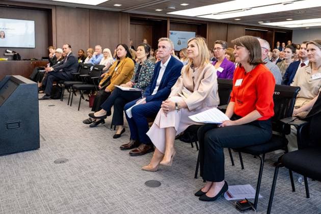 Londen, The Netherlands, 2026-06-16 11:17:04 LONDON, 16-06-2026, Queen Maxima at a roundtable discussion with financial service providers at Nationwide. The Queen is visiting London in her capacity as Special Advocate of the United Nations Secretary-General for Financial Health (UNSGSA). PHOTO: NLBeeld POOL Mischa Schoemaker Credit: NL Beeld Patrick van Emst  Copyright: xx x