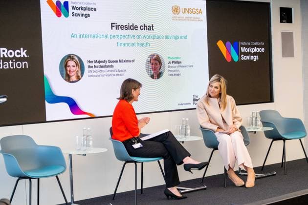 Londen, The Netherlands, 2026-06-16 11:34:03 LONDON, 16-06-2026, Queen Maxima at a roundtable discussion with financial service providers at Nationwide. The Queen is visiting London in her capacity as Special Advocate of the United Nations Secretary-General for Financial Health (UNSGSA). PHOTO: NLBeeld POOL Mischa Schoemaker Credit: NL Beeld Patrick van Emst  Copyright: xx x