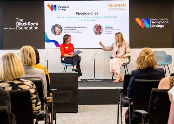 Londen, The Netherlands, 2026-06-16 11:41:30 LONDON, 16-06-2026, Queen Maxima at a roundtable discussion with financial service providers at Nationwide. The Queen is visiting London in her capacity as Special Advocate of the United Nations Secretary-General for Financial Health (UNSGSA). PHOTO: NLBeeld POOL Mischa Schoemaker Credit: NL Beeld Patrick van Emst  Copyright: xx x