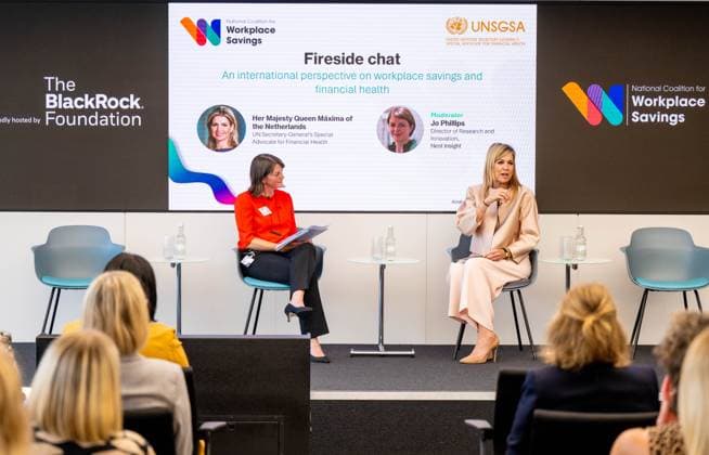 Londen, The Netherlands, 2026-06-16 11:40:25 LONDON, 16-06-2026, Queen Maxima at a roundtable discussion with financial service providers at Nationwide. The Queen is visiting London in her capacity as Special Advocate of the United Nations Secretary-General for Financial Health (UNSGSA). PHOTO: NLBeeld POOL Mischa Schoemaker Credit: NL Beeld Patrick van Emst  Copyright: xx x