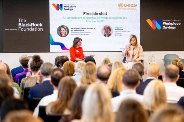 Londen, The Netherlands, 2026-06-16 11:42:05 LONDON, 16-06-2026, Queen Maxima at a roundtable discussion with financial service providers at Nationwide. The Queen is visiting London in her capacity as Special Advocate of the United Nations Secretary-General for Financial Health (UNSGSA). PHOTO: NLBeeld POOL Mischa Schoemaker Credit: NL Beeld Patrick van Emst  Copyright: xx x