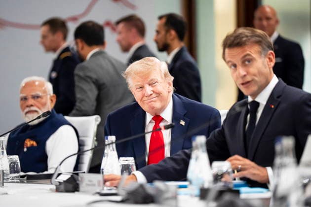 June 16, 2026, Evian-Les-Bains, France: Pictured from left to right; Prime Minister of India Narendra Modi, U.S. President Donald Trump and French president Emmanuel Macron, look on during the official G7 working session at the G7 summit in Evian-les-Bains, France, on Tuesday, June 16, 2026. Evian-Les-Bains France  - ZUMAc35_ 20260616_zaf_c35_036 Copyright: xChristopherxKatsarovx