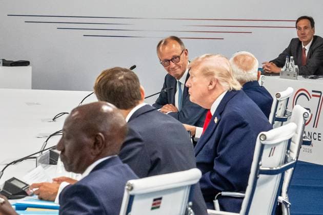 Évian-les-Bains, Frankreich, 16.06.2026: Hotel Royal: G7-Gipfel: Beginn der Arbeitssitzung mit Friedrich Merz und Donald Trump (Foto: Michael Kappeler, Pool) *** Évian-les-Bains, France, June 16, 2026 Hotel Royal G7 Summit Start of the working session with Friedrich Merz and Donald Trump Photo by Michael Kappeler, Pool,detected_source_language Copyright: xMichaelxKappeler,xPool dtsxNachrichtenagenturx dts_123409