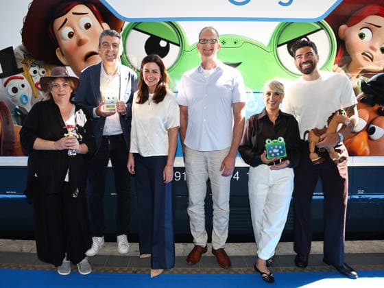 IPA85750782 - Rome, Termini Station, photocall for the animated film Toy Story 5. Pictured: Ilaria Stagni, Federico Basso, Lindsey Collins, Pete Docter, Katia Follesa, Gianluca Gazzoli  Copyright: xMarcoxProvvisionatox xMarcoxProvvisionatox 85750782