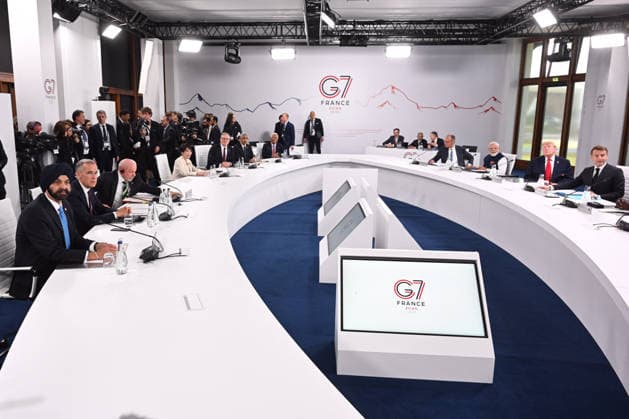 G7 Summit - Working Session International Investment Partnerships German Chancellor Friedrich Merz, India s Prime Minister Narendra Modi, U.S. President Donald Trump, French President Emmanuel Macron, Kenya s President William Ruto, European Council President Antonio Costa, British Prime Minister Keir Starmer, Japanese Prime Minister Sanae Takaichi and other leaders attend working session with G7 leaders and outreach partners on international investment partnerships, during the G7 summit on June 16, 2026 in Evian-les-Bains, France. Leaders from the Group of 7 (G7) countries convened in Evian, France, near the Swiss border, for their annual summit to discuss challenges to peace and security for Ukraine and Europe, the situation in the Middle  Copyright: xAbdxRabboxAmmar ABACAx