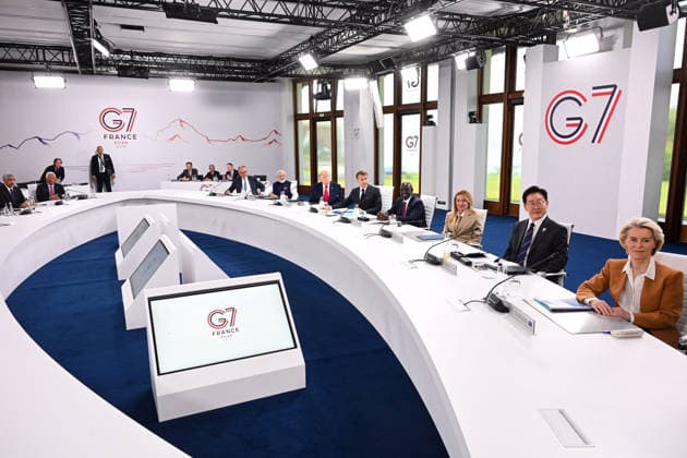 G7 Summit - Working Session International Investment Partnerships German Chancellor Friedrich Merz, India s Prime Minister Narendra Modi, U.S. President Donald Trump, French President Emmanuel Macron, Kenya s President William Ruto, Italian Prime Minister Giorgia Meloni, South Korea s President Lee Jae Myung, European Council President Antonio Costa, Ursula von der Leyen President of the European Commission and other leaders attend working session with G7 leaders and outreach partners on international investment partnerships, during the G7 summit on June 16, 2026 in Evian-les-Bains, France. Leaders from the Group of 7 (G7) countries convened in Evian, France, near the Swiss border, for their annual summit to discuss challenges to peace and  Copyright: xAbdxRabboxAmmar ABACAx