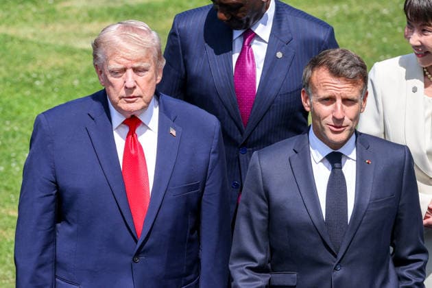 G7 Summit - Family Photo - Evian U.S. President Donald Trump and French President Emmanuel Macron during a family photo at the G7 summit in Evian, France, on Tuesday June 16, 2026. Photo by Dominique Jacovides Pool ABACAPRESS.COM Evian France  Copyright: xJacovidesxDominique Pool ABACAx
