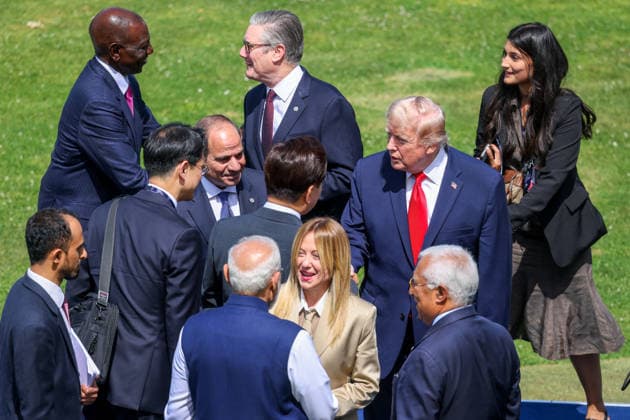 G7 Summit - Family Photo - Evian Kenyan President William Ruto, Italian Prime Minister Giorgia Meloni, UK Prime Minister Sir Keir Starmer, Egyptian President Abdel Fattah al-Sisi, U.S. President Donald Trump, Indian Prime Minister Narendra Modi and European Council President Antonio Costa during a family photo at the G7 summit in Evian, France, on Tuesday June 16, 2026. Photo by Dominique Jacovides Pool ABACAPRESS.COM Evian France  Copyright: xJacovidesxDominique Pool ABACAx