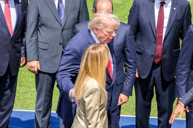 G7 Summit - Family Photo - Evian Italian Prime Minister Giorgia Meloni and U.S. President Donald Trump during a family photo at the G7 summit in Evian, France, on Tuesday June 16, 2026. Photo by Dominique Jacovides Pool ABACAPRESS.COM Evian France  Copyright: xJacovidesxDominique Pool ABACAx