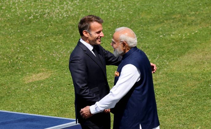 French President Emmanuel Macron welcomes Indian Prime Minister Narendra Modi for the official greeting ahead of a working lunch as part of the G7 summit, in Évian, France, on June 16, 2026. Dominique Jacovides, Bestimage, Évian-les-Bains, France,detected_source_language  Copyright: xDOMINIQUExJACOVIDESx xBESTIMAGExDOMINIQUExJACOVIDESx xBESTIMAGEx