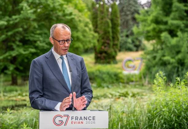 Évian-les-Bains, Frankreich, 16.06.2026: Hotel Royal: G7-Gipfel: Friedrich Merz auf einer Pressekonferenz (Foto: Michael Kappeler, Pool) *** Évian-les-Bains, France, June 16, 2026 Hotel Royal G7 Summit Friedrich Merz at a press conference Photo by Michael Kappeler, Pool,detected_source_language Copyright: xMichaelxKappeler,xPool dtsxNachrichtenagenturx dts_123594