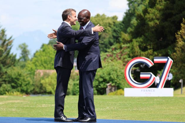 French President Emmanuel Macron welcomes Kenyan President William Ruto R for the official greeting ahead of a working lunch as part of the G7 summit in Evian, eastern France, on June 16, 2026. A G7 summit is scheduled to take place June 15–17 in the French town of Évian-les-Bains, near Switzerland, and will be attended by national leaders, as well as the EU’s foreign policy chief and ministers from Brazil, Canada, the United Arab Emirates, and Turkey. Ludovic Marin, Pool Bestimage, Évian-les-Bains, France,detected_source_language  Copyright: xLudovicxMarin Pool BestimagexLudovicxMarin Pool Bestimagex