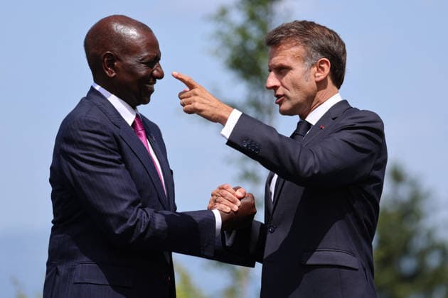 French President Emmanuel Macron welcomes Kenyan President William Ruto (left) for the official greeting ahead of a working lunch as part of the G7 summit in Evian, eastern France, on June 16, 2026. A G7 summit is scheduled to take place June 15–17 in the French town of Évian-les-Bains, near Switzerland, and will be attended by national leaders, as well as the EU’s foreign policy chief and ministers from Brazil, Canada, the United Arab Emirates, and Turkey. Ludovic Marin, Pool Bestimage, Évian-les-Bains, France,detected_source_language  Copyright: xLudovicxMarin Pool BestimagexLudovicxMarin Pool Bestimagex
