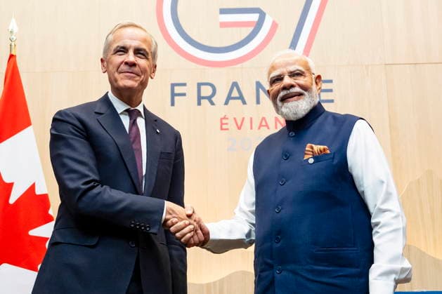 June 16, 2026, Evian-Les-Bains, France: Prime Minister of Canada Mark Carney, left, meets with Prime Minister of India Narendra Modi, during the G7 summit in Evian-les-Bains, France, on Tuesday, June 16, 2026. Evian-Les-Bains France  - ZUMAc35_ 20260616_zaf_c35_068 Copyright: xChristopherxKatsarovx