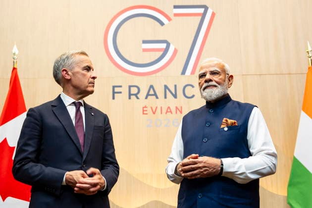 June 16, 2026, Evian-Les-Bains, France: Canadian Prime Minister Mark Carney, left, meets with Prime Minister of India Narendra Modi, during the G7 summit in Evian-les-Bains, France, on Tuesday, June 16, 2026. Evian-Les-Bains France  - ZUMAc35_ 20260616_zaf_c35_069 Copyright: xChristopherxKatsarovx