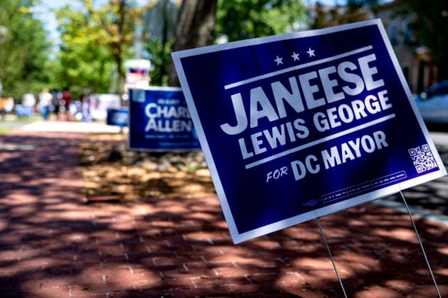 A sign for DC Mayor candidate Janeese Lewis George is seen outside Sherwood Recreation Center as people vote in Washington DC s 2026 primary elections on Tuesday, June 16, 2026. The two front-runners to succeed current DC Mayor Muriel Bowser are Kenyan McDuffie, a moderate with support from many of Bowser s cabinet, and Janeese Lewis George, democratic socialist who built her campaign around organized labor.  WAP20260616300 BONNIExCASH