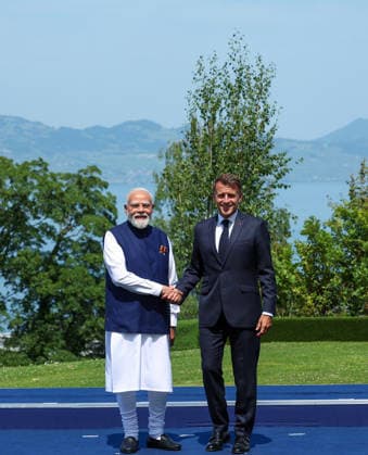 RECORD DATE NOT STATED French Prez Emmanuel Macron welcomes PM Modi at the venue of the G7 Summit Evian, France , Jun 16 (ANI): French President Emmanuel Macron welcomes Prime Minister Narendra Modi at the venue of the G7 Summit 2026, in Evian on Tuesday. (Narendra Modi Photo Gallery ANI Photo) Evian France Copyright: xANIx ANI_20260616324